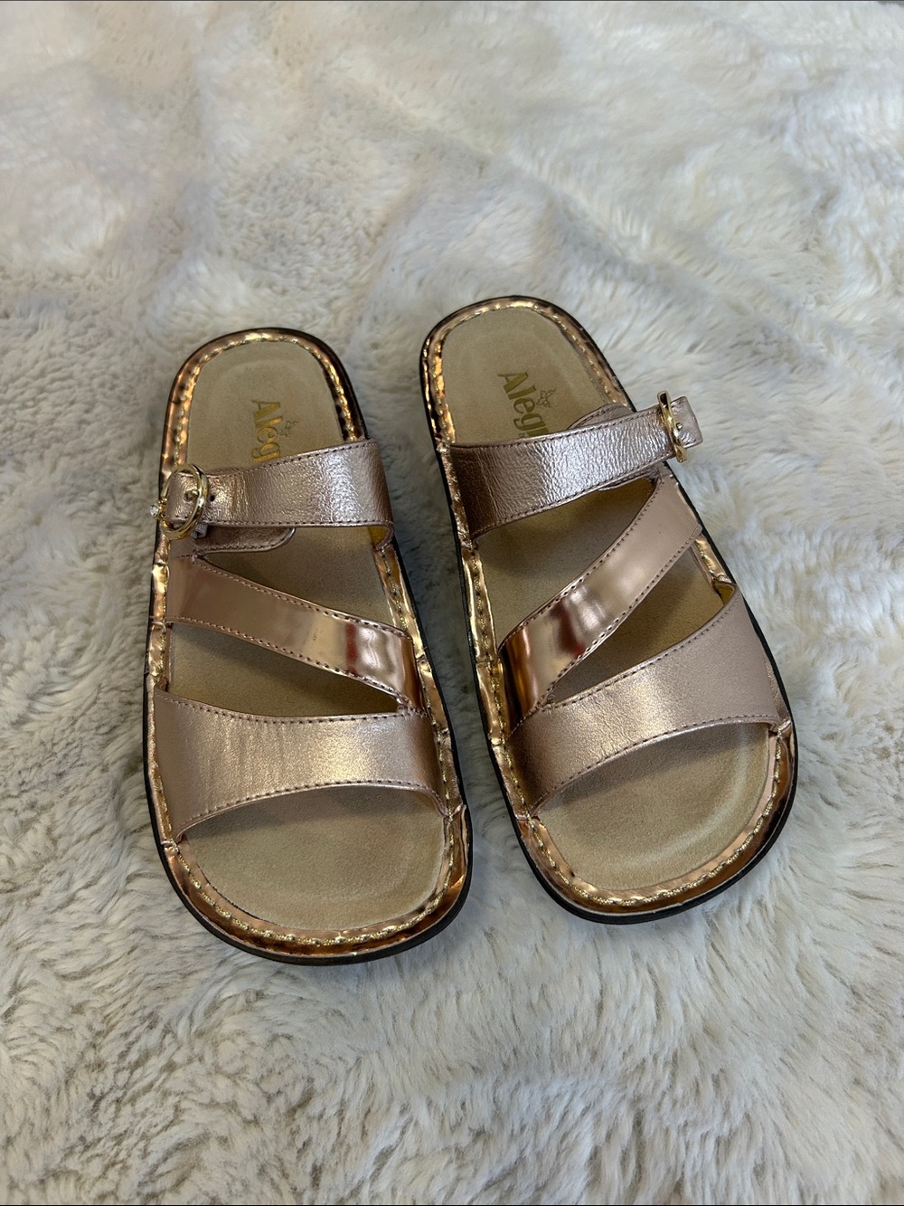 Alegria Metallic Rose Gold Three-Strap Slide Sandals